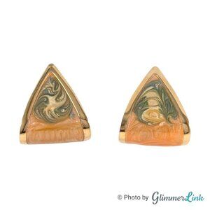 Vintage 80s Curl Triangle Peach & Green Enamel Swirl Gold Tone Pierced Earrings